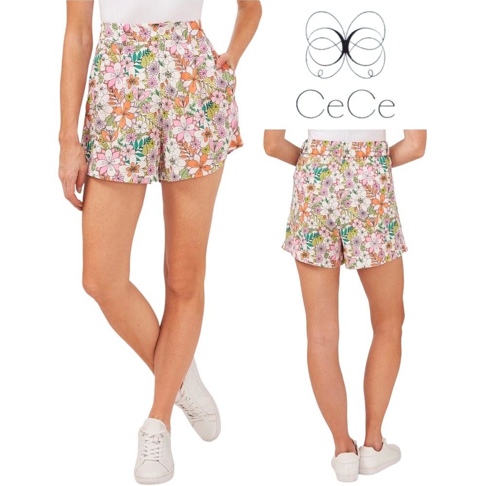 NWT CeCe Retro Floral Print High Waisted Pleat Front Shorts US6